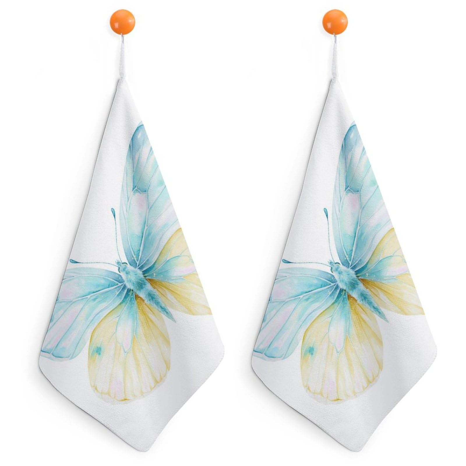 Jubonexis Butterfly with Pale Blue And Lemon Yellow Wings Small Hand Towel with Hanging Loop 2 PCS Absorbent Soft Wash Cloth for Kitchen Bathroom