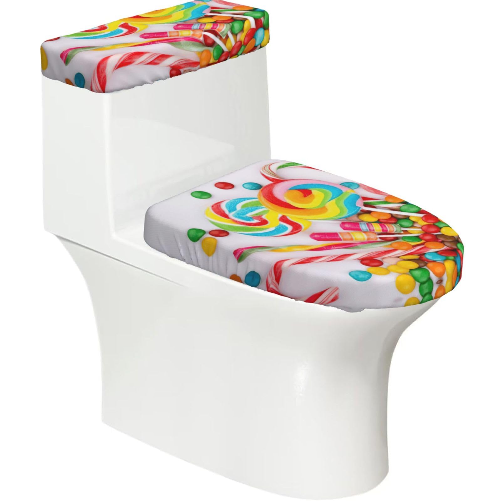 Sweet Candy Backdrop Print Bathroom Decor Toilet Lid Cover And Tank Covers, Restroom Accessories Fits Most Round