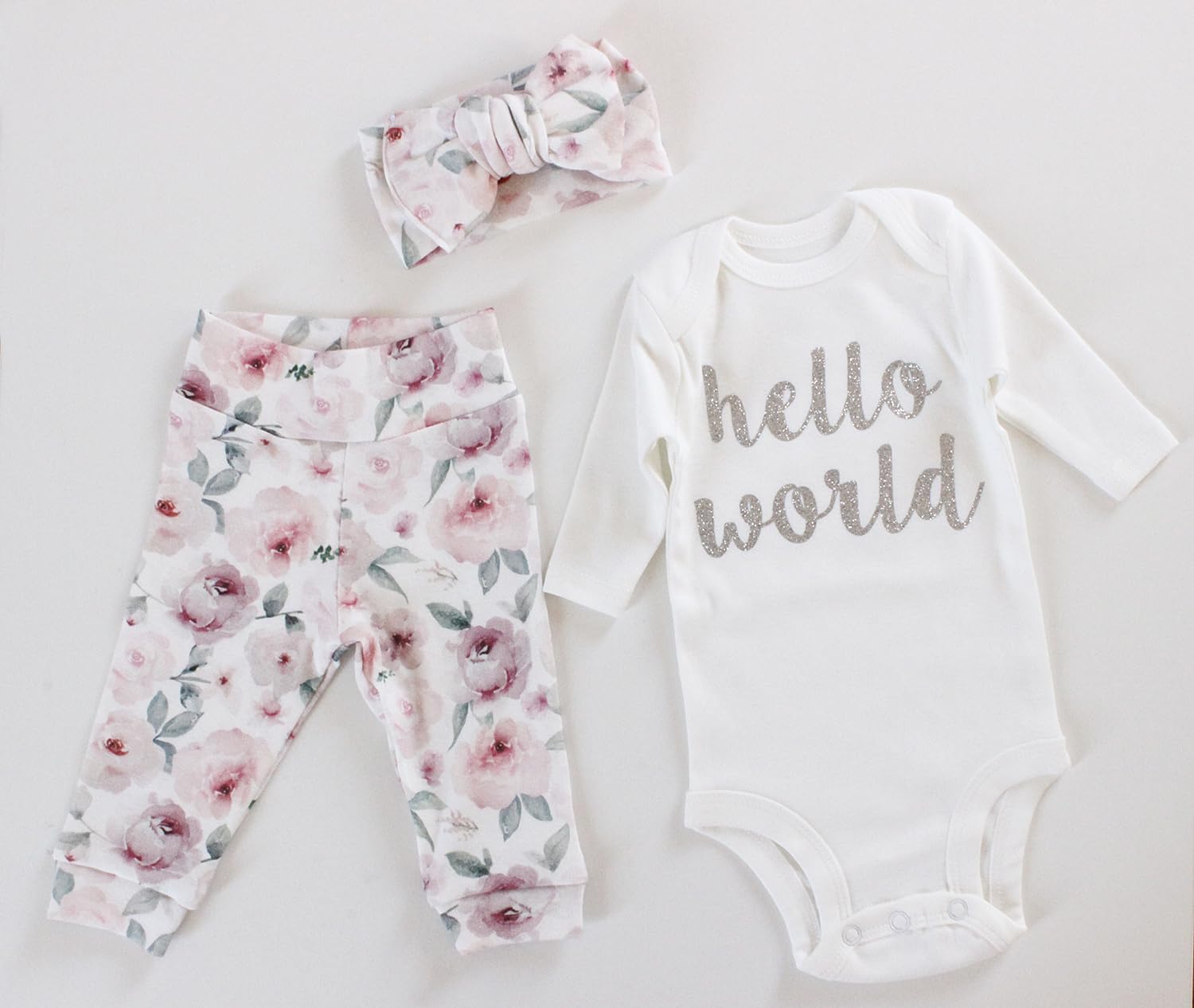 Hello World Baby Girl Coming Home Outfit with Dusty Rose Floral High Waisted Shorts or Pants & Bow Sets