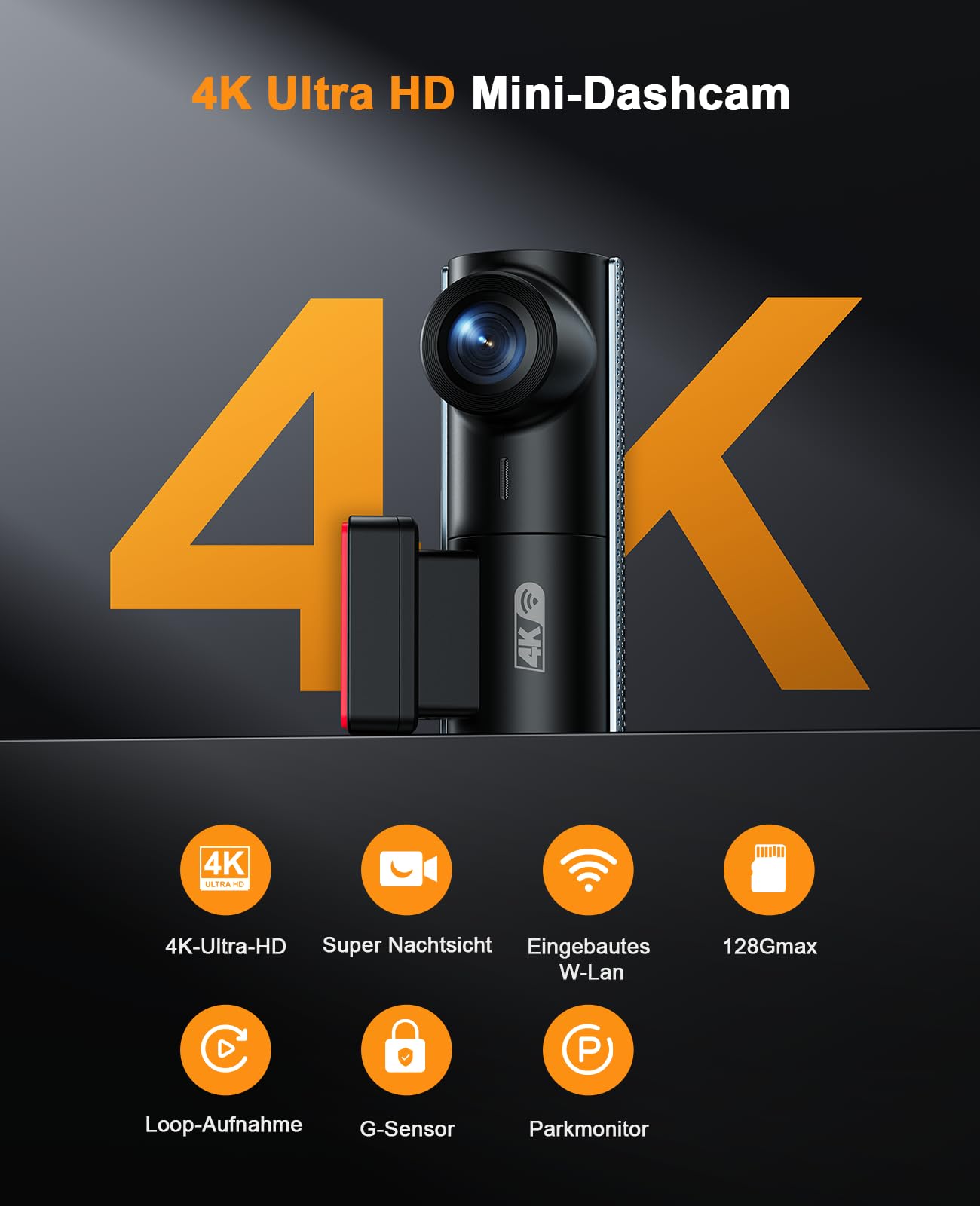 LAMTTO Dashcam anteriore per auto, 4K, con scheda WiFi SD, WDR, visione notturna, sensore G | Mini dash cam 4K UHD con registrazione in loop, grandangolo di 170°