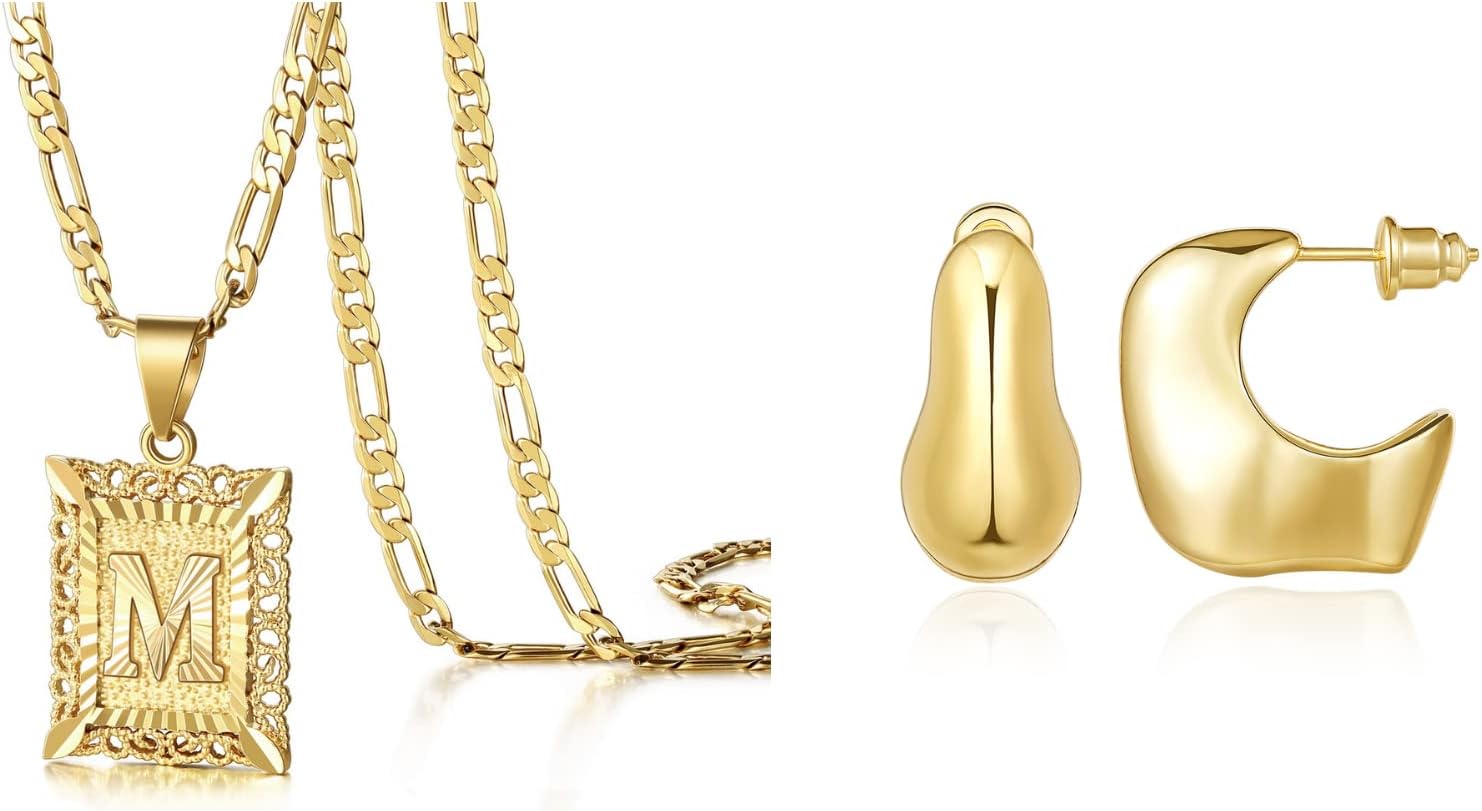 KissYan Square Initial Letter M Pendant Necklace with Gold Hoop Earrings