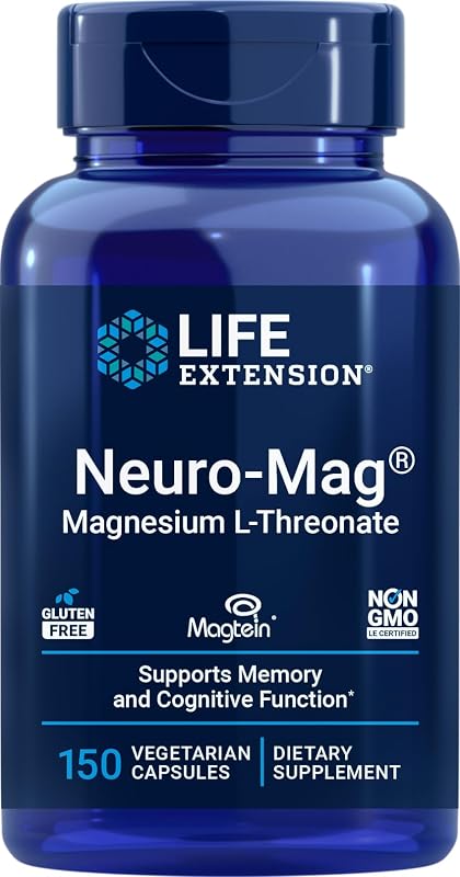L-treonato de magnesio Neuro-Mag de extensión de vida, 150 cápsulas vegetarianas | Suministro de 50 días de suplemento de L-treonato de magnesio Magtein. Para mujeres y hombres. Sin transgénicos, sin gluten, vegetariano.