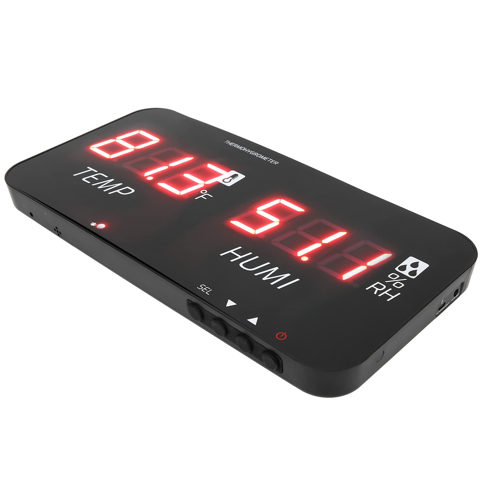 Cocoarm TA623A Thermometer Hygrometer ABS LED Temperatur Luftfeuchtigkeitsmesser DC5V mit SHTC3 Sensor Großes Display mit Hintergrundbeleuchtung Alarmeinstellungen für Industrie Lager Gewächshaus Büro