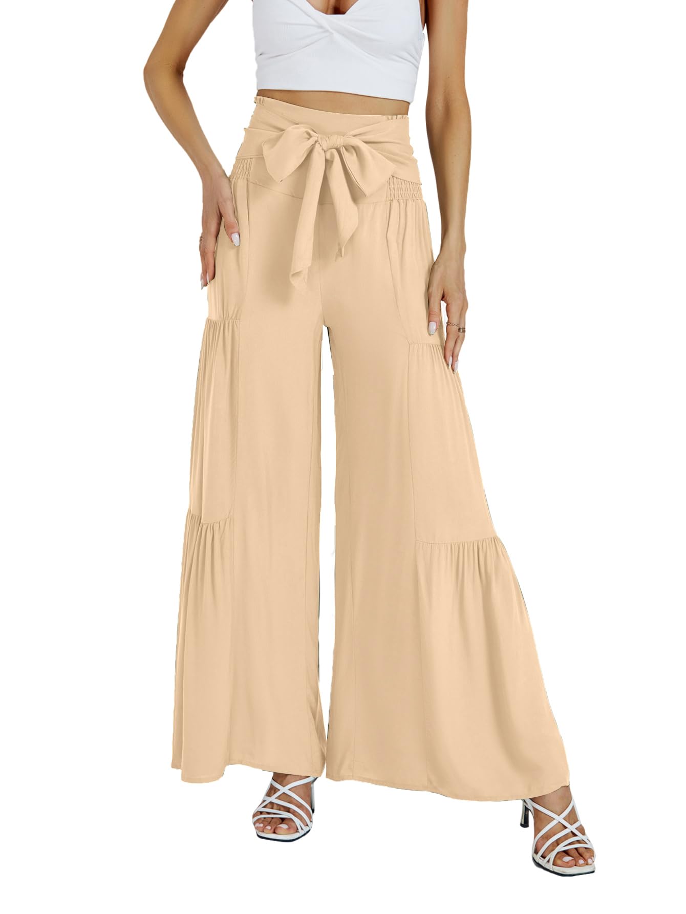 LYANER Womens Casual Tie Front Smocked High Waist Wide Leg Pleated Palazzo Lounge Pant