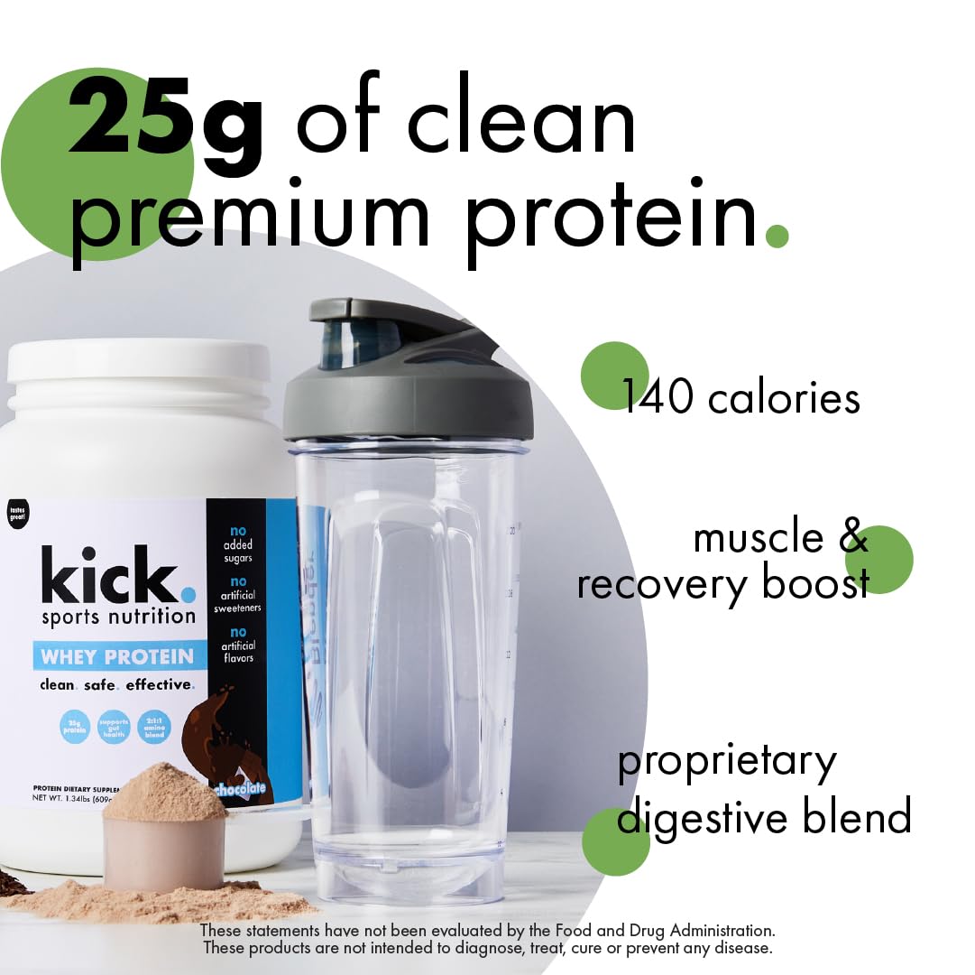 Kick Whey Protein Powder, Chocolate Flavor, 25 G Protein Gluten Free Workout Supplement with Amino Acids to Support Fitness Goals & Gut Health, No Added Sugar, No Artificial Flavor, 16 Servings