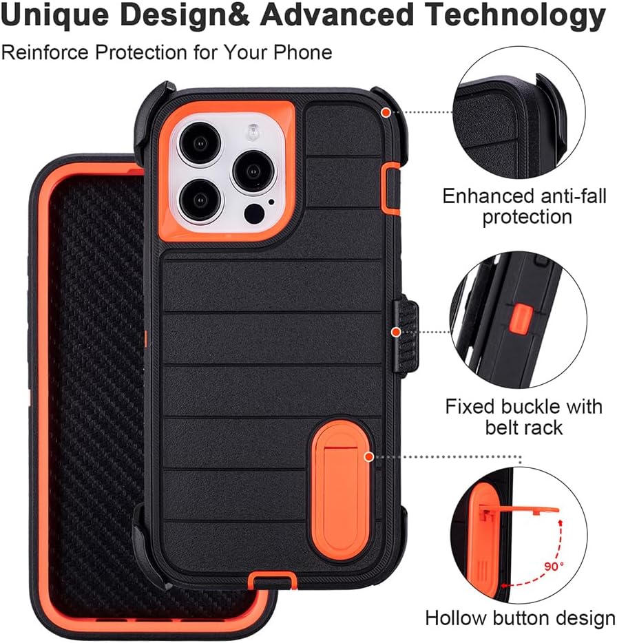 for Black iPhone 14 Pro Max Phone Case with Belt Clip Heavy Duty Holster ShockProof Cases,3 Layers of Sturdy,Military Grade Protective Cases for iPhone 14 Pro Max Case with Clip (Black+Orange) - Image 4