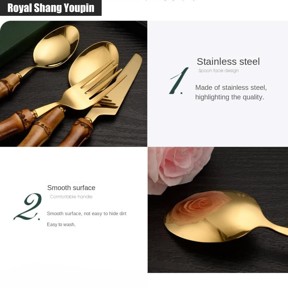 Véritable Manche en Bambou Cuisine en Acier Inoxydable Argenterie Vaisselle Couverts Couverts Couteaux Fourchettes Cuillères Ensemble Maison (Or,24 pièces/Range-Couverts)