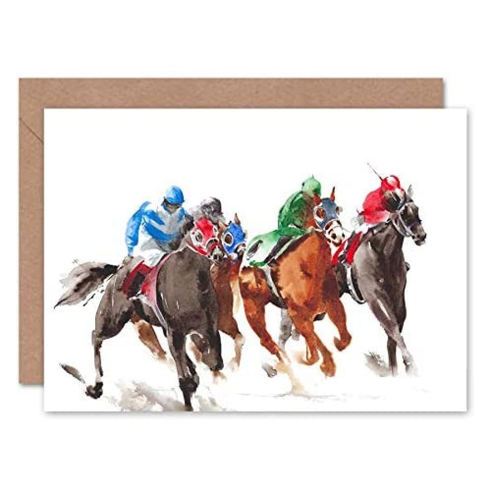 Wee Blue Coo Racing Horses On White Greeting Card With Envelope Inside Premium Quality