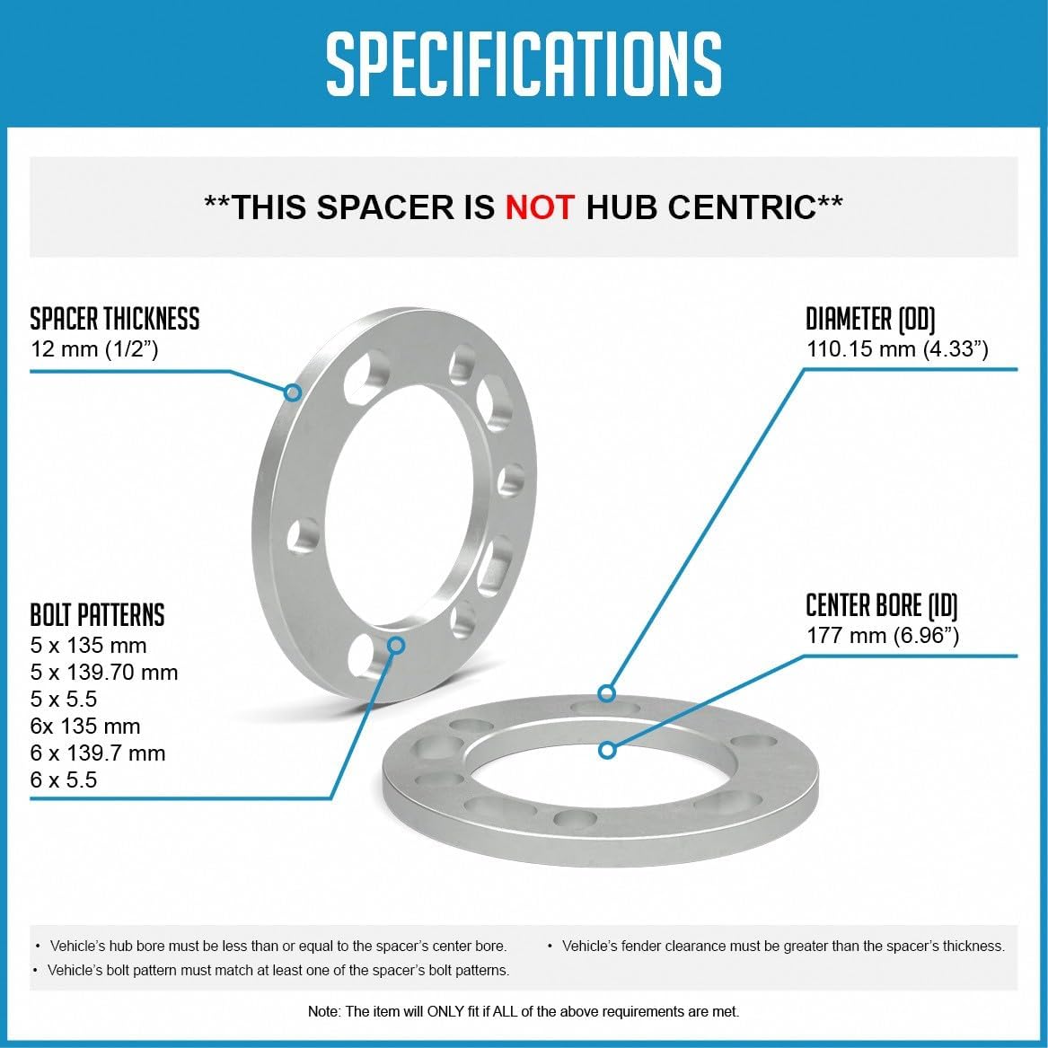 Wheel Accessories Parts 4 Pcs Die Cast Wheel Spacers 12mm 1/2 Thick Fits Bolt Patterns 5x135mm 5x139.70mm 5x5.5 6x135mm 6x139.7mm 6x5.5 ｜ Chevy Silverado 1500 ｜ Ford F-150 ｜ RAM 1500