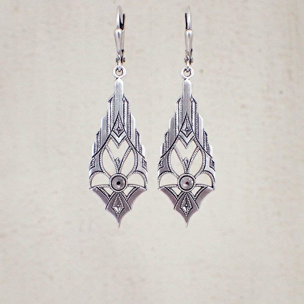 Art Deco Style Lever Back Earrings in Antiqued Silver-Plated Brass with Crystal Rhinestones