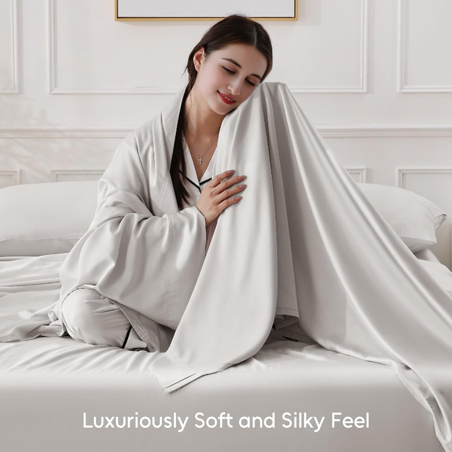 100% Organic Viscose Derived from Bamboo, 4-Piece King Bed Sheet Set, Ultra Soft & Luxuriously Cooling Sheets, Deep Pocket Fits 16" Mattress, Perfect for Hot Sleepers, Light Gray - Image 4