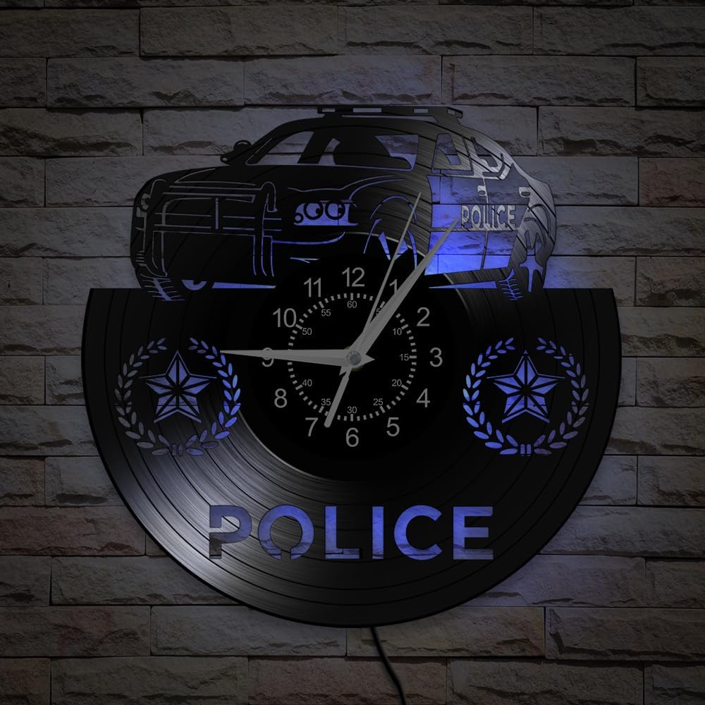 12 Inch Police Car Wall Clock 7 Color Changing, Police Officer Vinyl Wall Clock Police Badge LED Clock Police Decor for Office Police Department Police Station Policeman Retirement Gift