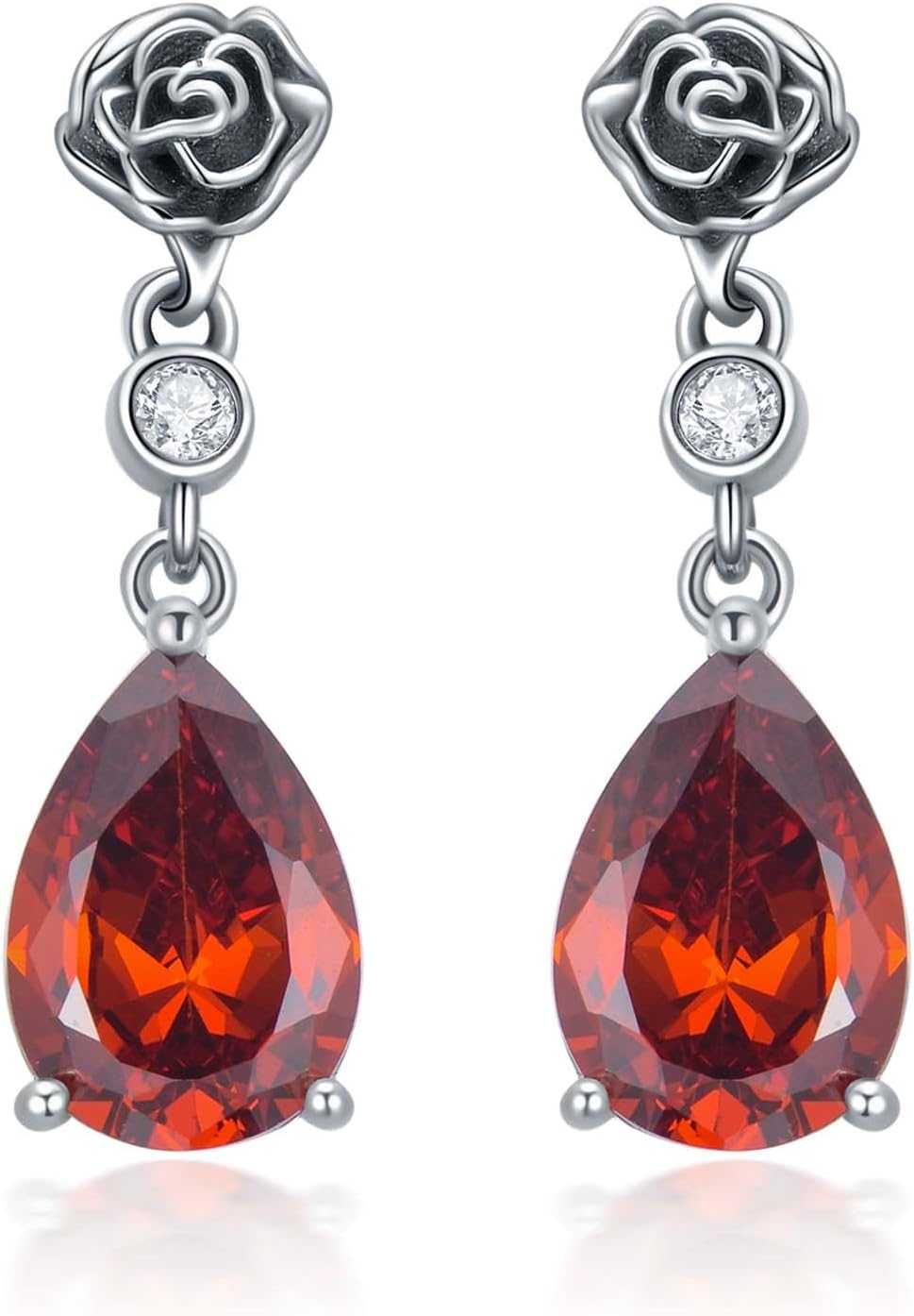 Vintage Rose Earrings 925 Sterling Silver Retro Banquet Dangle Tear Drop Earrings with 12 Months Birthstone Jewelry Gifts for Her Women