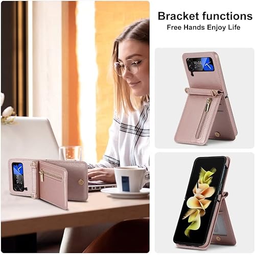 Miniatura 5 de XIMAND Funda de lujo con cremallera para Samsung Galaxy Z Flip 3, con función atril, tarjetero ajustable, correa cruzada ajustable, funda con tapa,