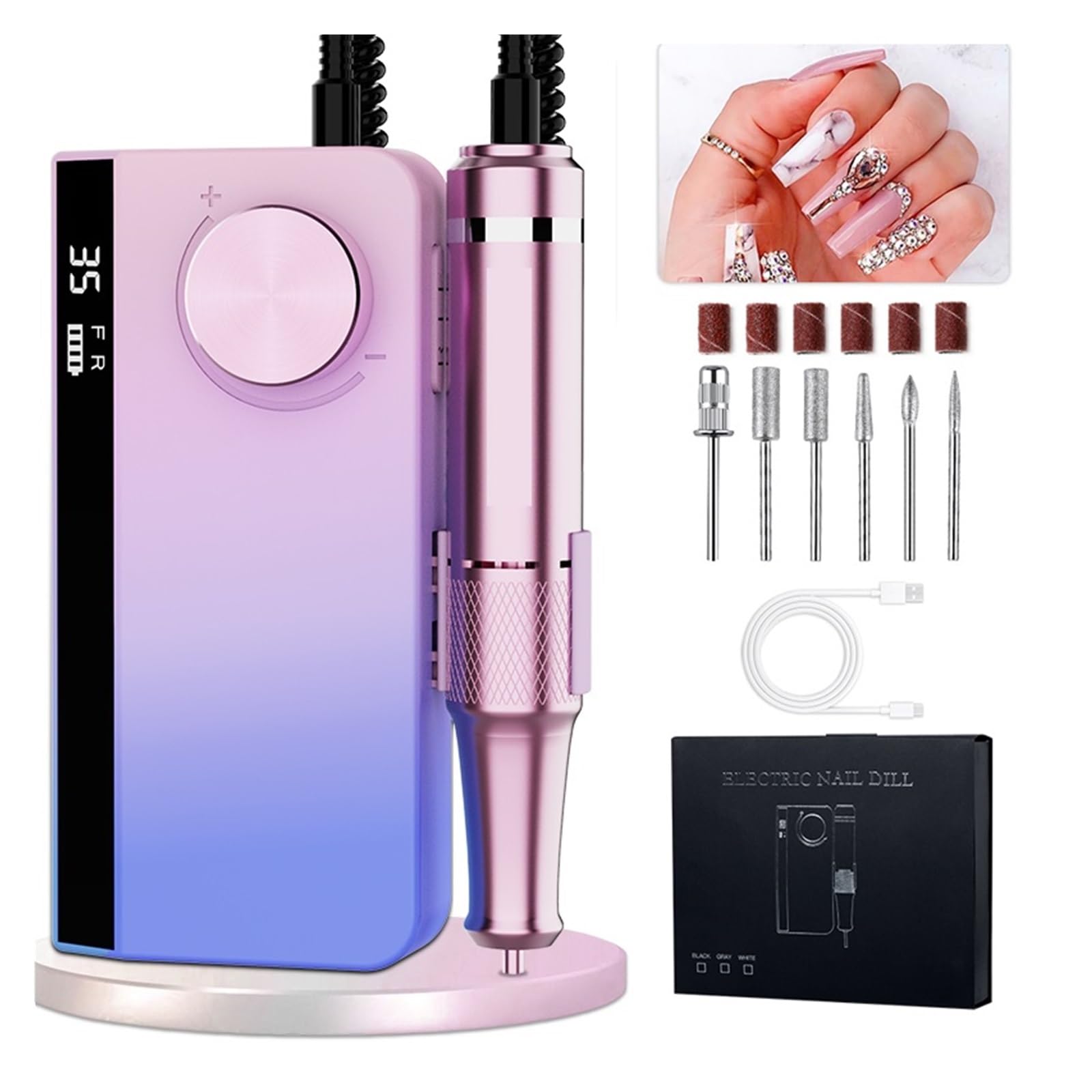 Taladro de uñas portátil de 35000RPM for Gel acrílico, taladro de uñas recargable, aparato eléctrico for manicura y pedicura(Pink)