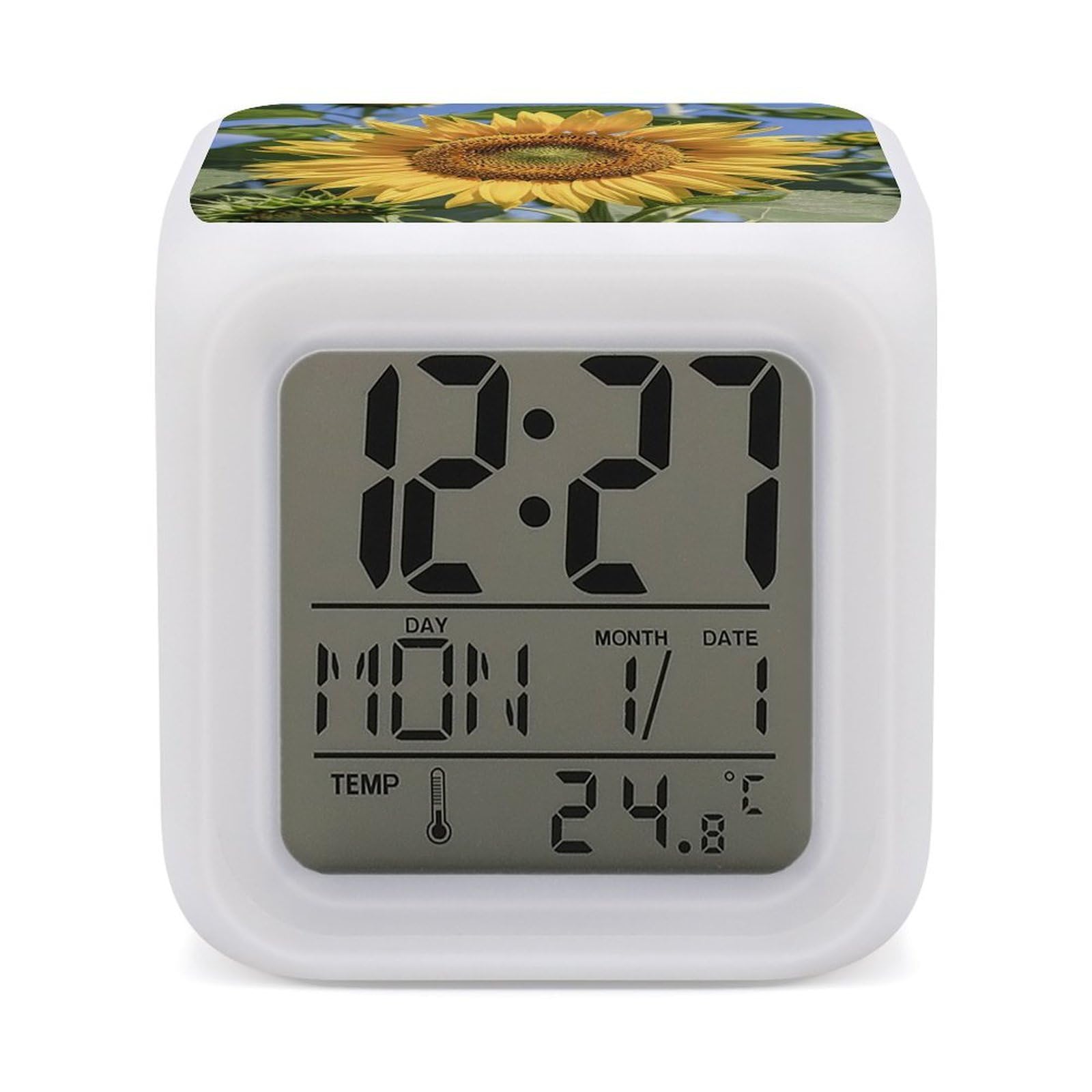 LZQPOEAS Sunflower Alarm Clock Desk Clock with 7 Color Changing Night Light Digital Clocks with Temperature Display Sleep Training and Sound Machine for Heavy Sleeper
