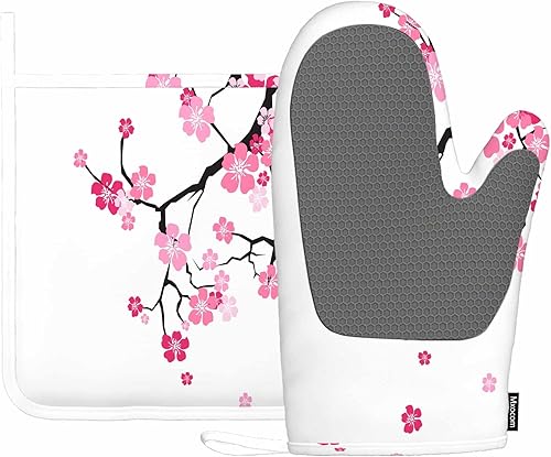 Mxocom a Cherry Tree - Guantes de horno resistentes al calor y soporte para ollas, flor de cerezo Sakura, color rosa en rama, guantes