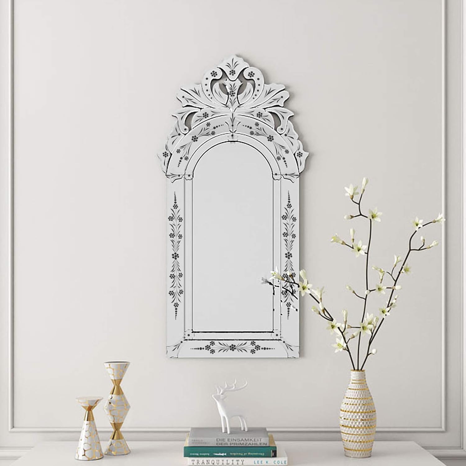 KOHROS Bathroom Vanity Decorative Mirrors for Wall Decor 42" x 24" Venetian Wall Mirror with Floral Etched Design Crown Top Frameless Wall Mirror for Bedroom Bathroom Vanity