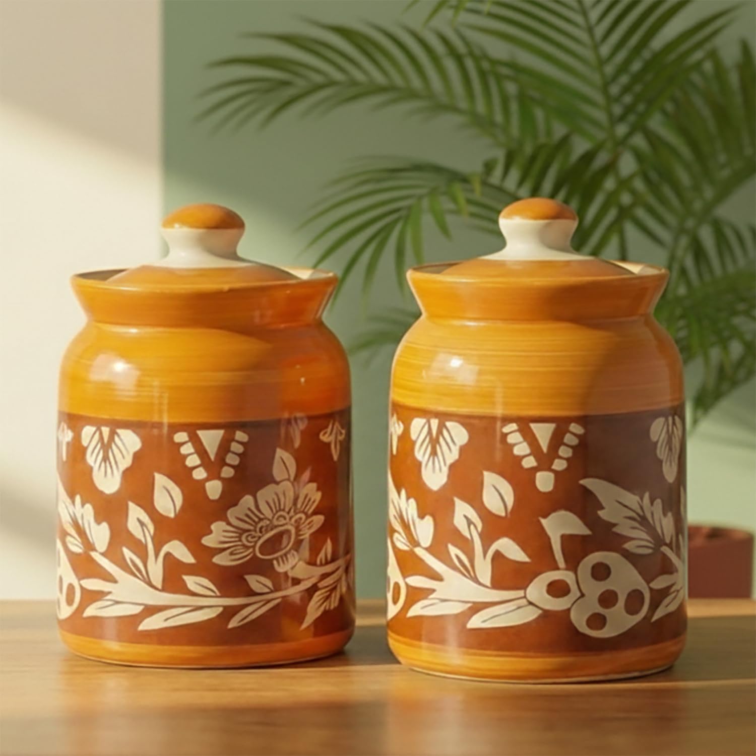 D'Maiolica Ceramic Pickle Kitchen Jars in 1000ml (set of 2) | Handpainted Floral Bale 1 kg Achaar Martban Barni | Ceramic Storage Containers | Jars for Achar, Spices, Salt (Full Yellow Red Floral)