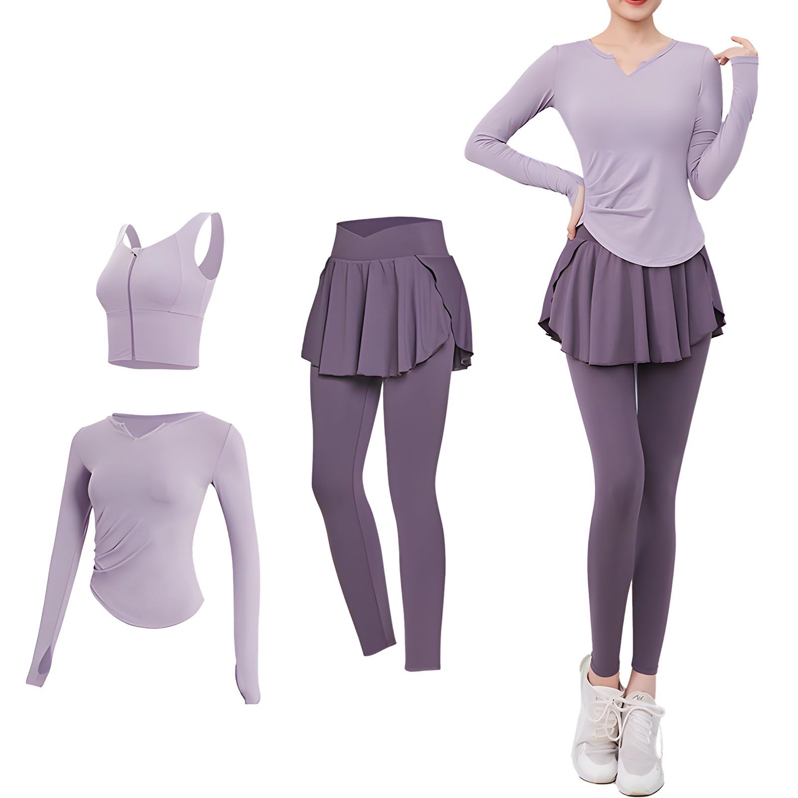 Set da yoga da donna, 3 pezzi, include top senza maniche e maniche lunghe, leggings, XXL (61-68 kg), misto poliestere ad asciugatura rapida