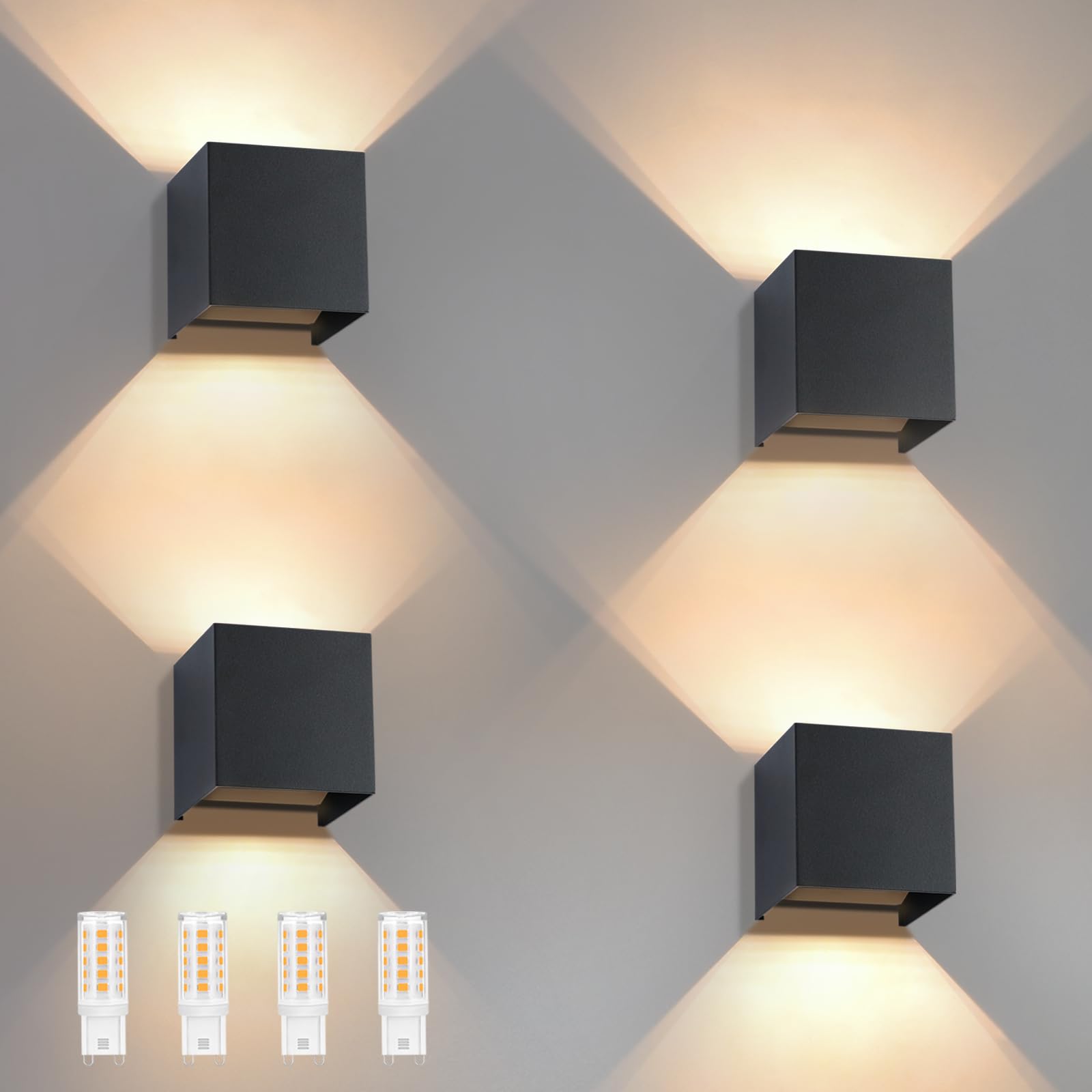 LED Wandleuchte Aussen Wandlampe - 4ER Außenwandleuchte Schwarz | Wasserdicht Aussenlampe Up Down Wandleuchten Innen mit Austauschbarer G9 Flurlampe für Wohnzimmer Hauswand Treppenhaus