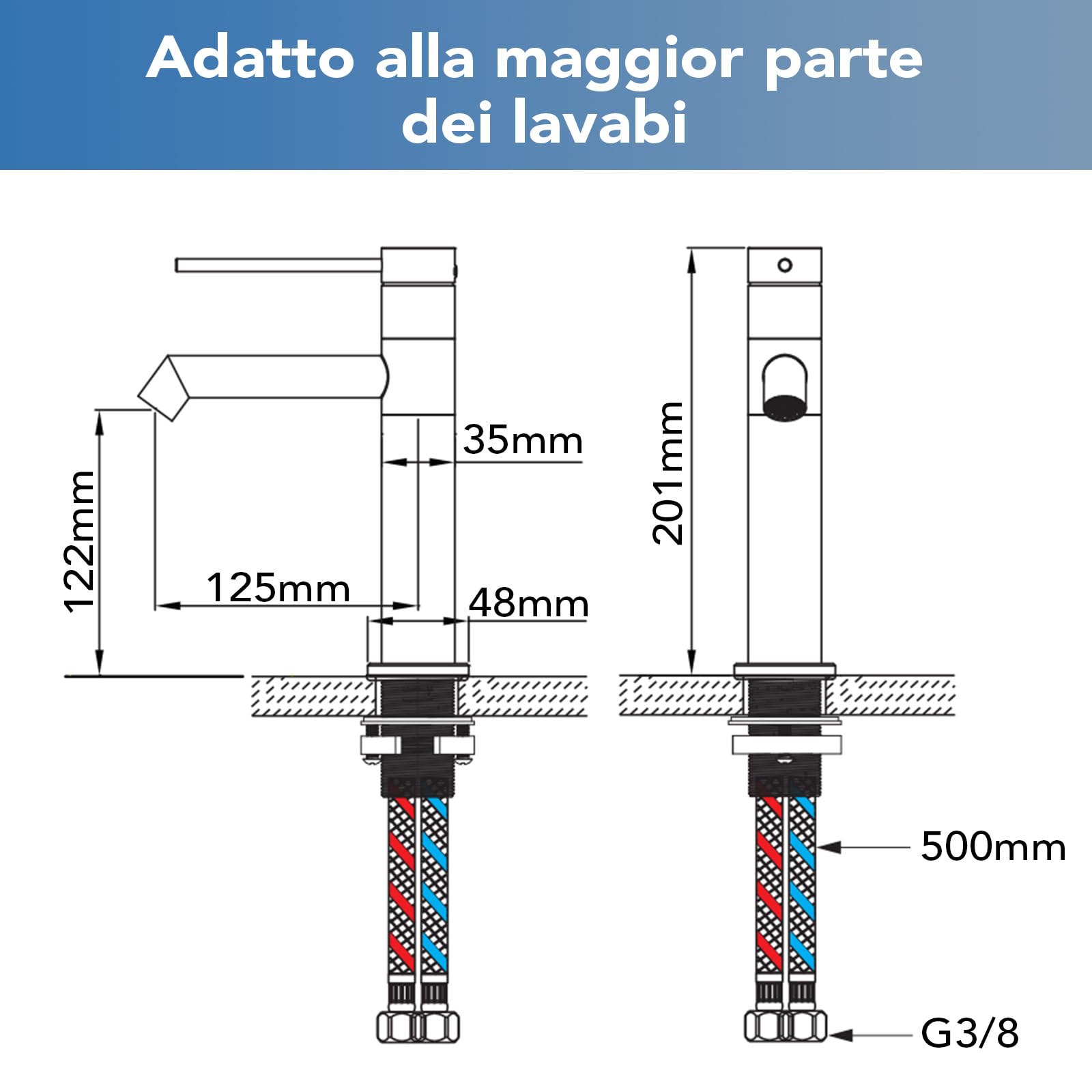 Miscelatore per lavabo girevole a 360°, rubinetto per bagno con miscelatore per acqua calda e fredda, altezza del beccuccio 122 mm, rubinetto monocomando per bagno, nero opaco