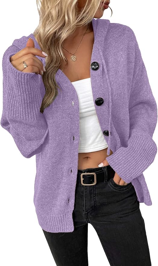 WROLEM Women Open Front Cardigan Sweater Long Sleeve Hooded Button Down Cable Knit Loose Outerwear Lightweight Clothes Coat
