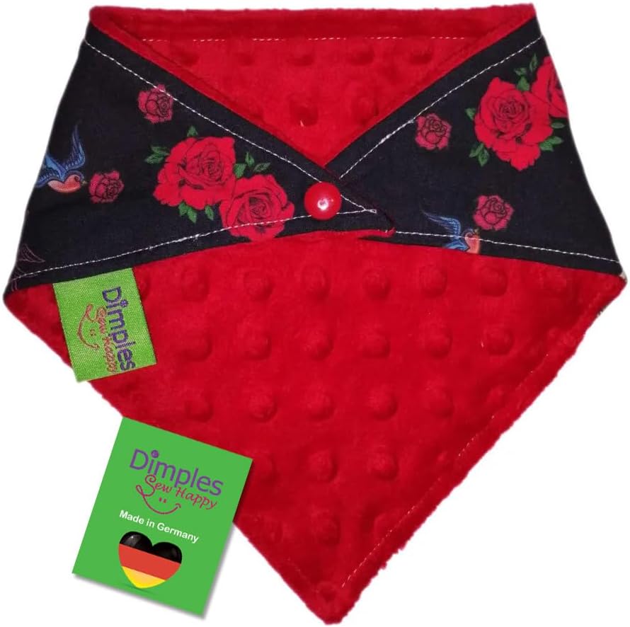 Dimples Hundehalstuch – Schwalben und Rosen Schwarz Rot – Halstuch für kleine, mittelgroße und große Hunde, Welpen und Katzen – Rockabilly Rock and Roll Hundezubehör 25 cm