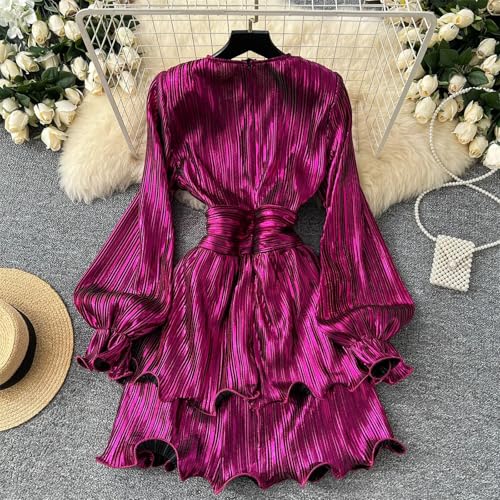 Women Ruffle Pleated Dress Stylish Office Party V-Neck Mid Length Dress2