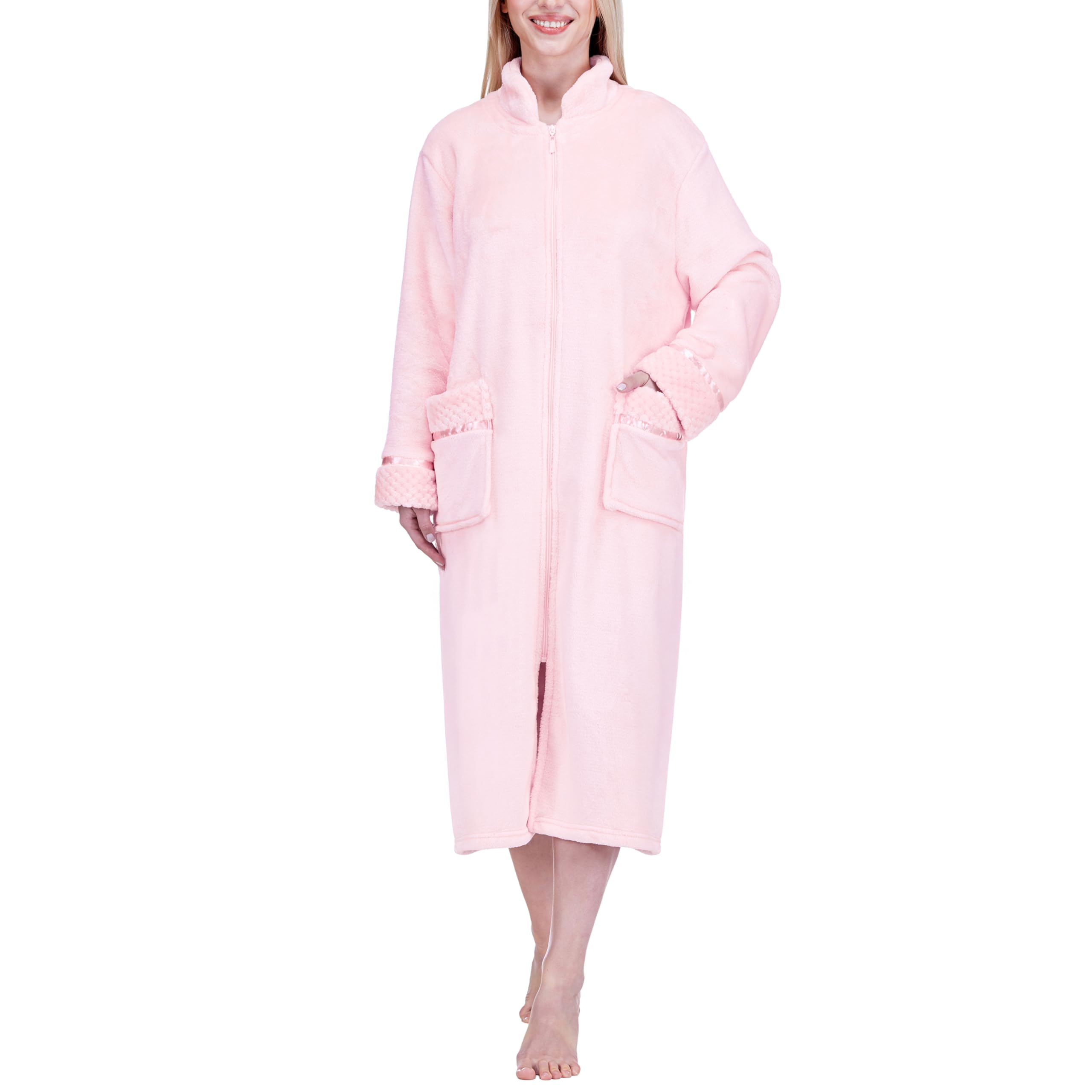 PAVILIA Womens Housecoat Zip Robe Fleece Zip Up Front Robe Bathrobe Plush Warm Zipper House Coat Lounger with