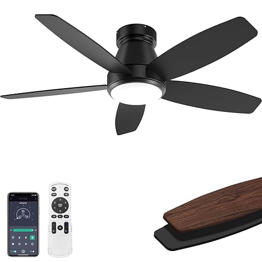 42 Inch Ceiling Fans with Lights, Quiet Reversible Fan with Remote & APP Control, 6-Speed, 3 Color Temperatures Dimmable LED, DC Motor, Low Profile Ceiling Fan for Bedroom Living Room（Black）