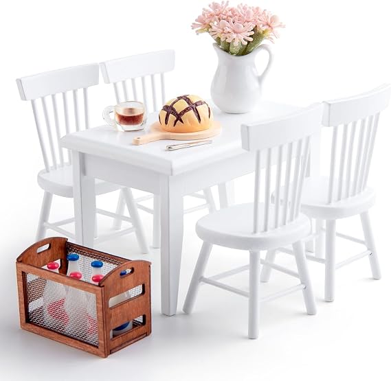 1/12 Doll Table and Chair Set, 17 Pcs Dollhouse Furniture and Accessories