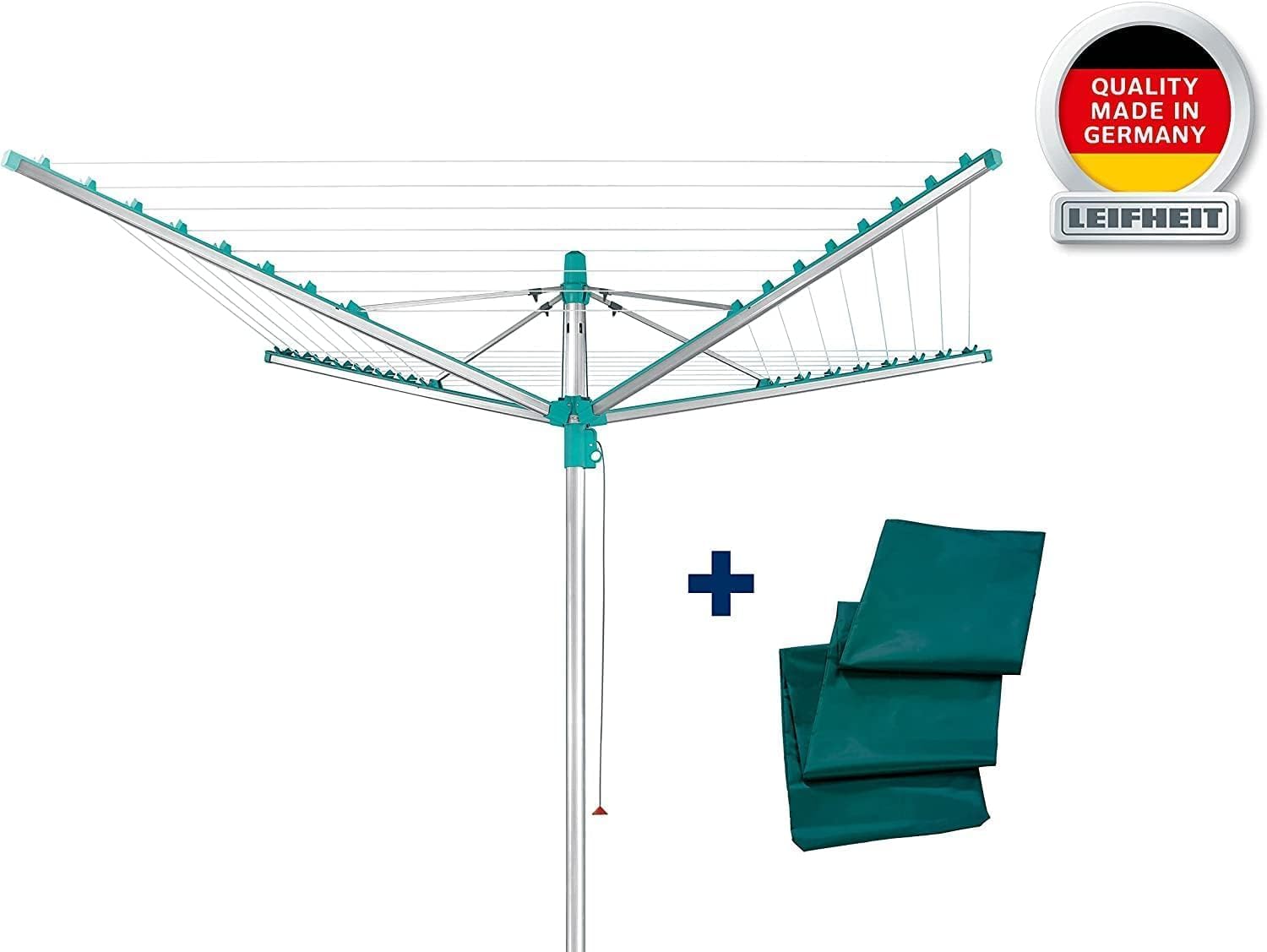Leifheit Séchoir Parapluie Linomatic 500 Easy avec Housse de Protection, Douille de Sol, Système Easy-Lift, Etendoir à Linge 50m, Séchoir à Linge à Rétractation Automatique des Fils