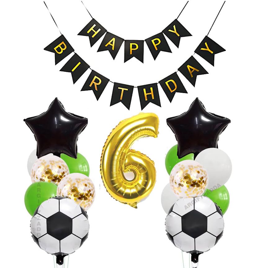 Image of AR GIFTZADDA 4D Football Black White Green Balloons for 6th Birthday, 24 Inch Soccer Foil Balloons Football Party Decorations for Boys Party World Cup Theme Party (6th Bday kit, Football Foil)