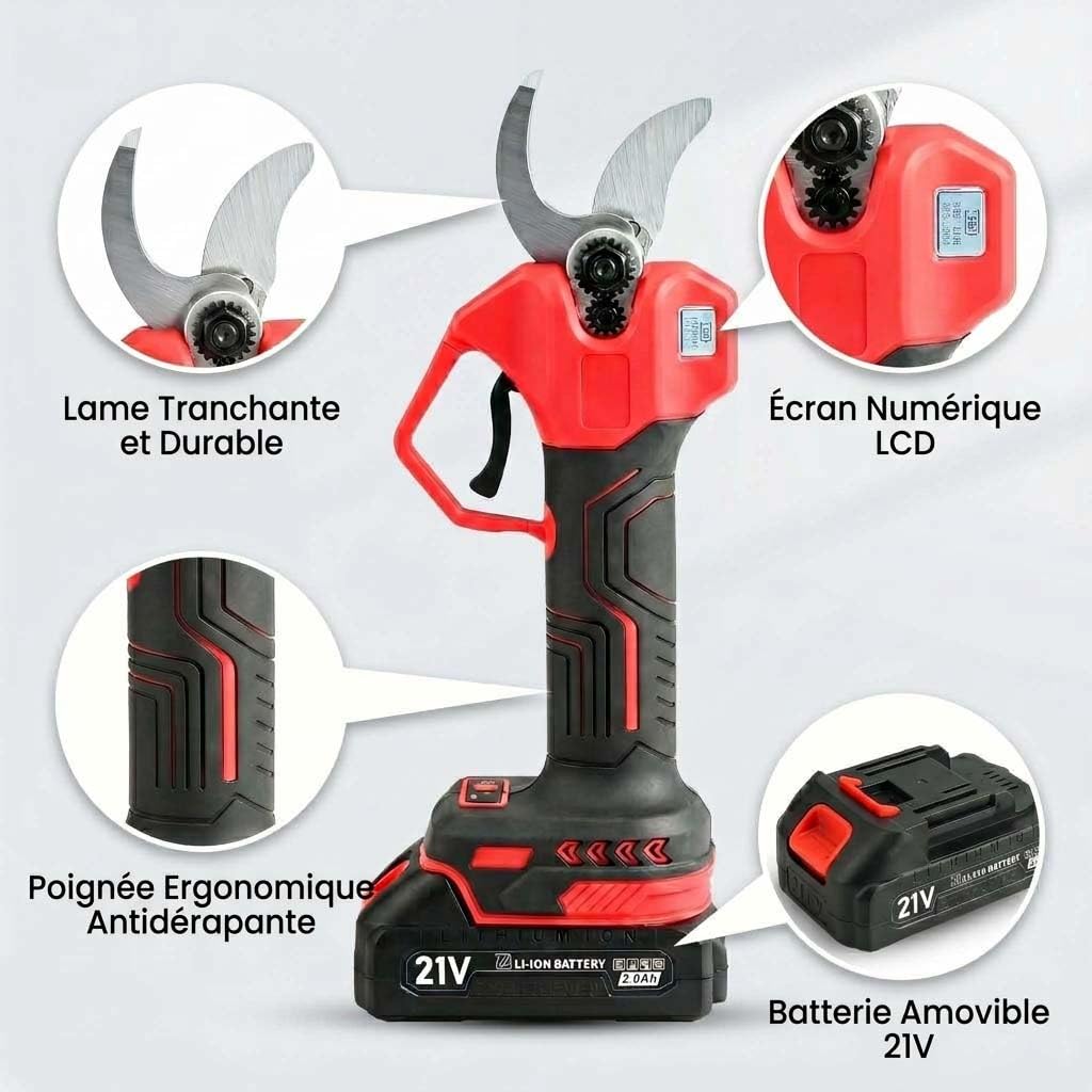 Sécateur Électrique, Sécateur Sans Fil avec 2 Batteries 2,0 Ah, Diamètre de Coupe 32 mm, Moteur Sans Balais, Écran LED avec Compteur de Coupes, pour Arbres Fruitiers, Vignes et Rosiers