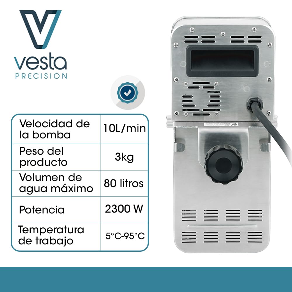 Vesta Precision Roner de Cocina Profesional para Cocinar a Baja Temperatura Sous Vide SV330 | Incluye App de Control Wi-Fi | Capacidad de Bomba 10L/min, Hasta 80 Litros, 15,5x17,4x31,9cm