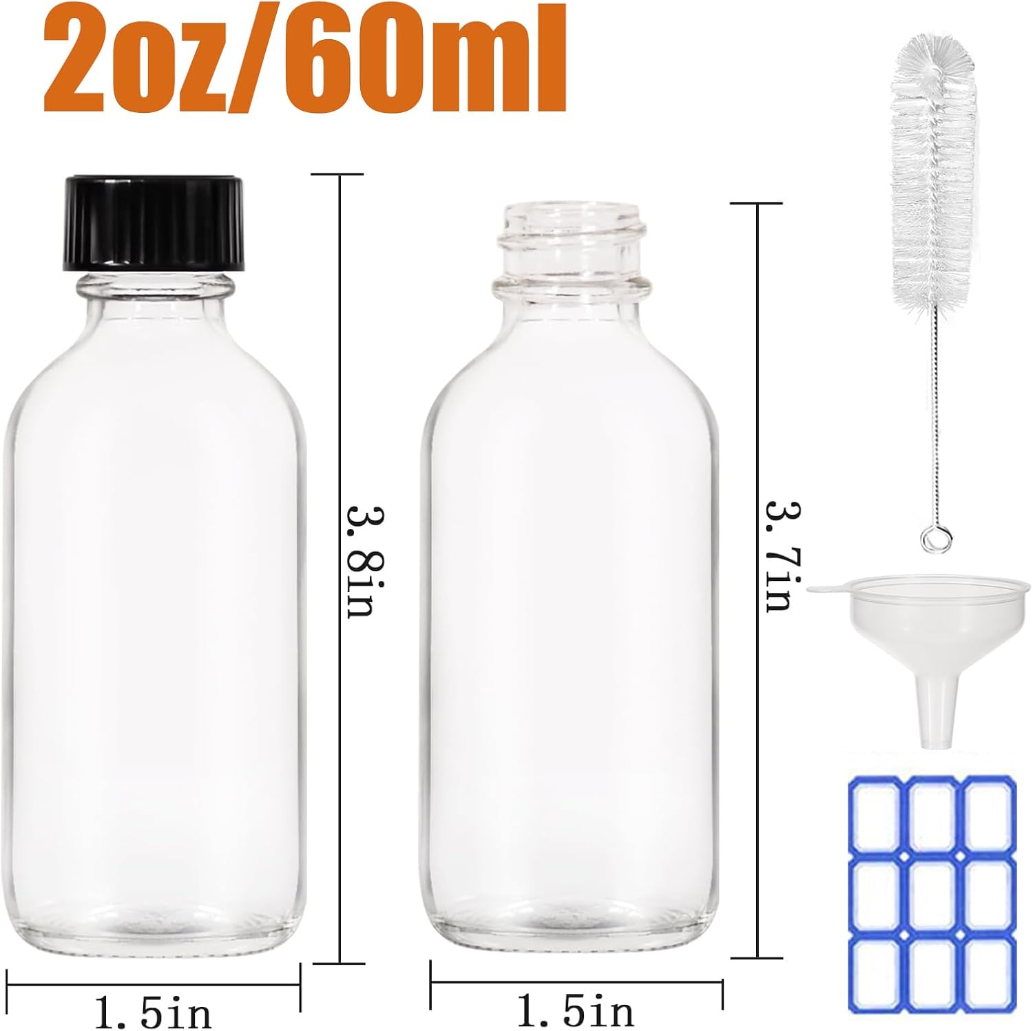 2 oz (60ml) 15 Pack Leak-Proof Clear Glass Boston Round Bottles with lids - Mini Travel Containers for Ginger Shots, Juice, Whiskey, Samples | W/Labels, Funnels & Brushes - Image 2