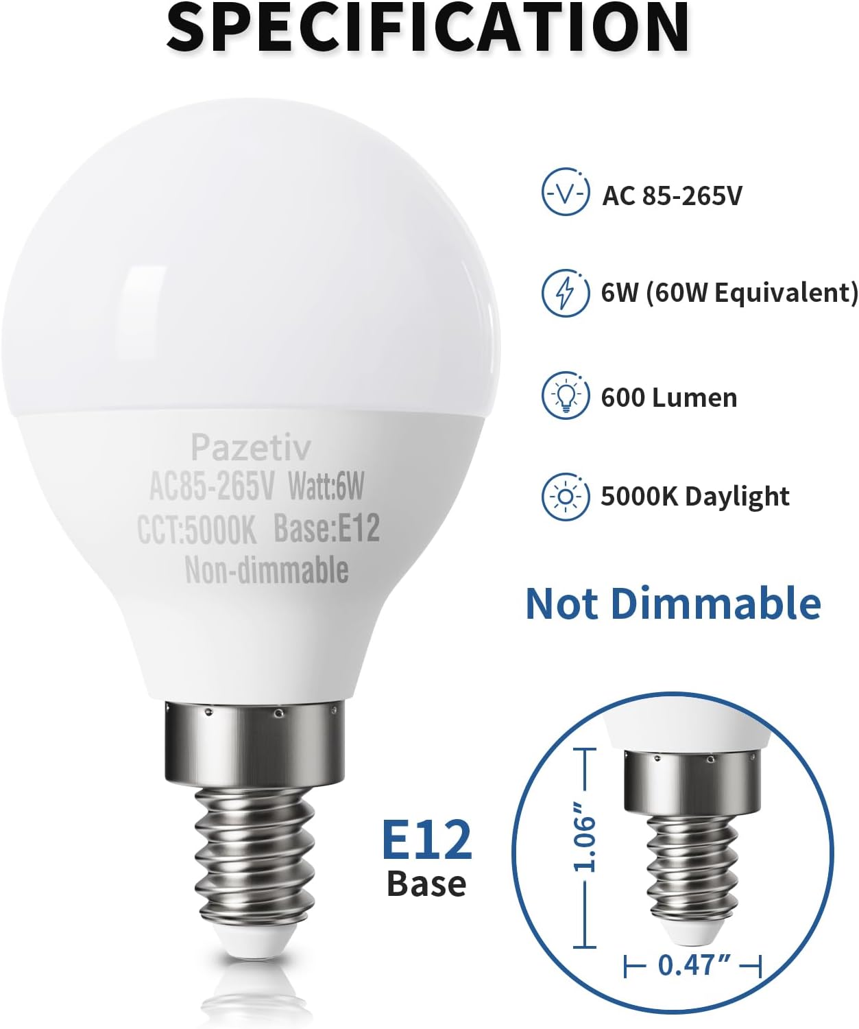 8 Pack E12 LED Ceiling Fan Light Bulbs 120V 60 watt Equivalent, Daylight 5000K, A15 Candebalra Light Bulbs Small Base, Bright LED Bulb Round, Non-Dimmable