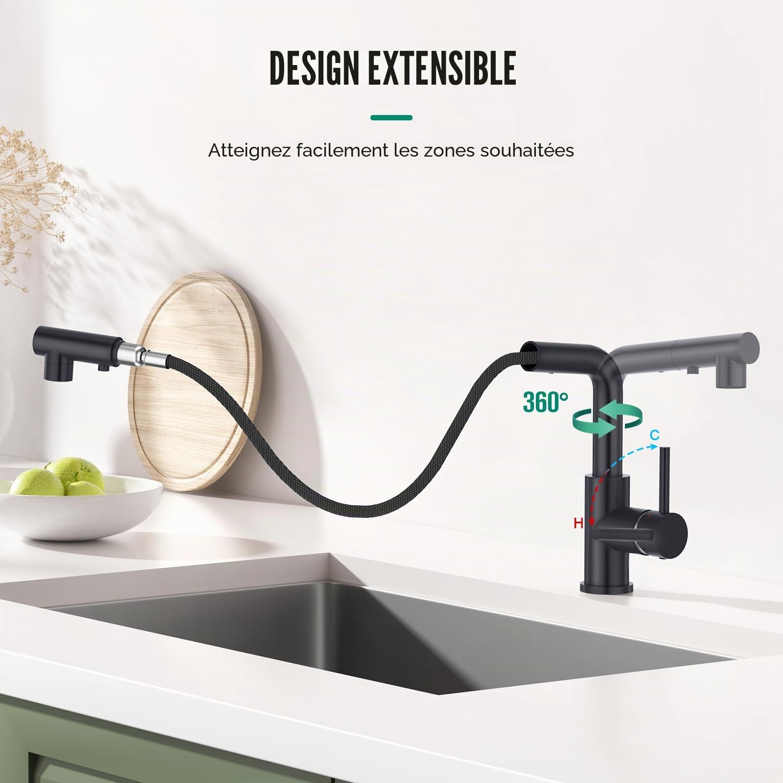 Douchette 3 Fonctions robinet cuisine Mitigeur Lavabo Noir Rotatif 360°, Noir Mat