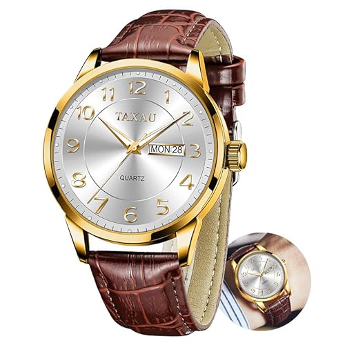 Taxau Uhren Herren Business Freizeit Wasserdicht Mode Herren Armbanduhr Mit Leuchtendem Display Männer Uhr Mit Datums- Und Tagesanzeige Uhr Weißes Zifferblatt Braunes Band