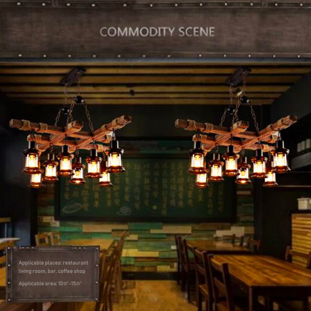 E27 Industrial Vintage Wood Sufit Lampa Wisząca, Regulowana Wysokość Lampa Wisząca, Szklany klosz, Metalowa lampa wisząca do salonu, jadalni, kuchni