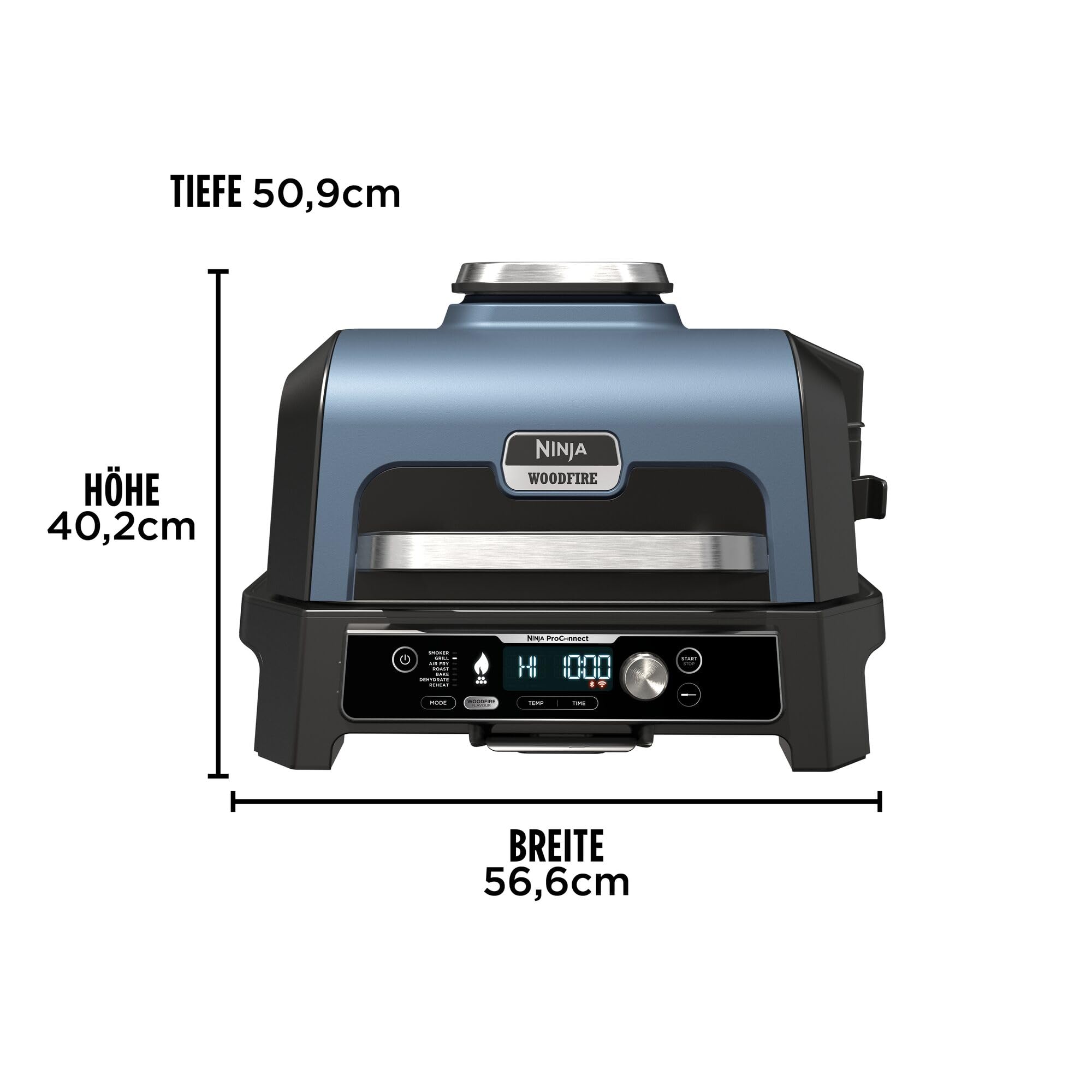 Ninja Woodfire Pro Connect XL Elektrischer BBQ Smoker Grill, App-Steuerung, digitaler Temperaturfühler, Rippenrost, Deckel, großer 7-in-1 Outdoor Grill & Heißluftfritteuse, blau & schwarz OG901EUAMZ
