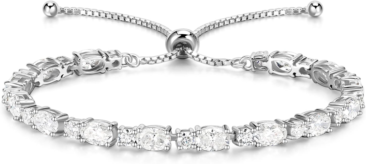 Moissanite Bolo Tennis Bracelet,4.64-7.35cttw Adjustable Bolo Simulated Diamond Bracelets,18K White Gold Plated 925 Sterling Silver,D Color VVS1,Birthday Anniversary Jewelry Gifts for Women