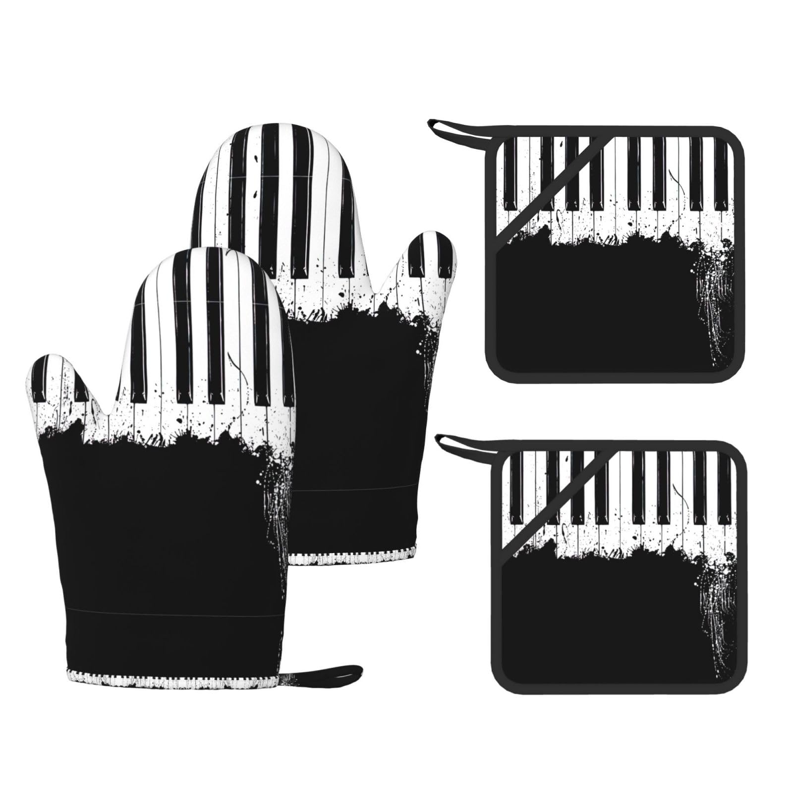 Piano Printed Pot Holders and Oven Mitts 4-Piece, Non-Slip Kitchen Gloves with Utensil Pocket for BBQ