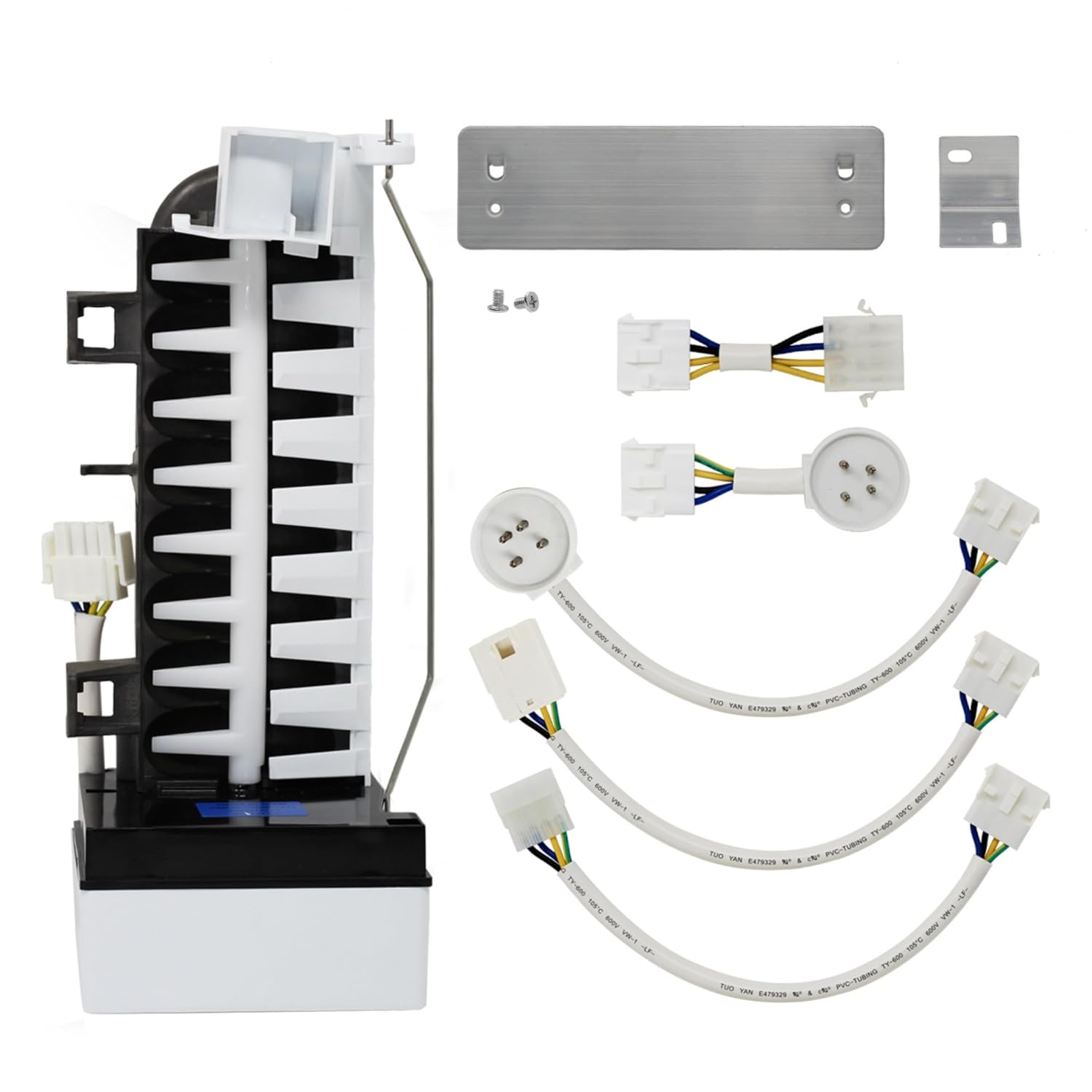 Side view of the UpStart Components 4317943 Refrigerator Ice Maker, showing the ice mold, control arm, and electrical connection point.