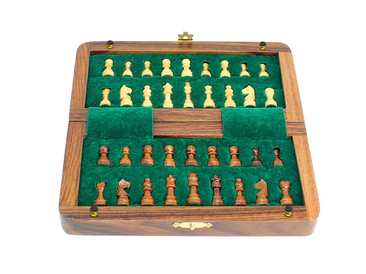 House of Chess - 16,5 cm großes magnetisches faltbares Reiseschach-Set aus Holz | Brett – algebraische Notation – zwei zusätzliche Königinnen – handgefertigt – Premium-Qualität (goldenes