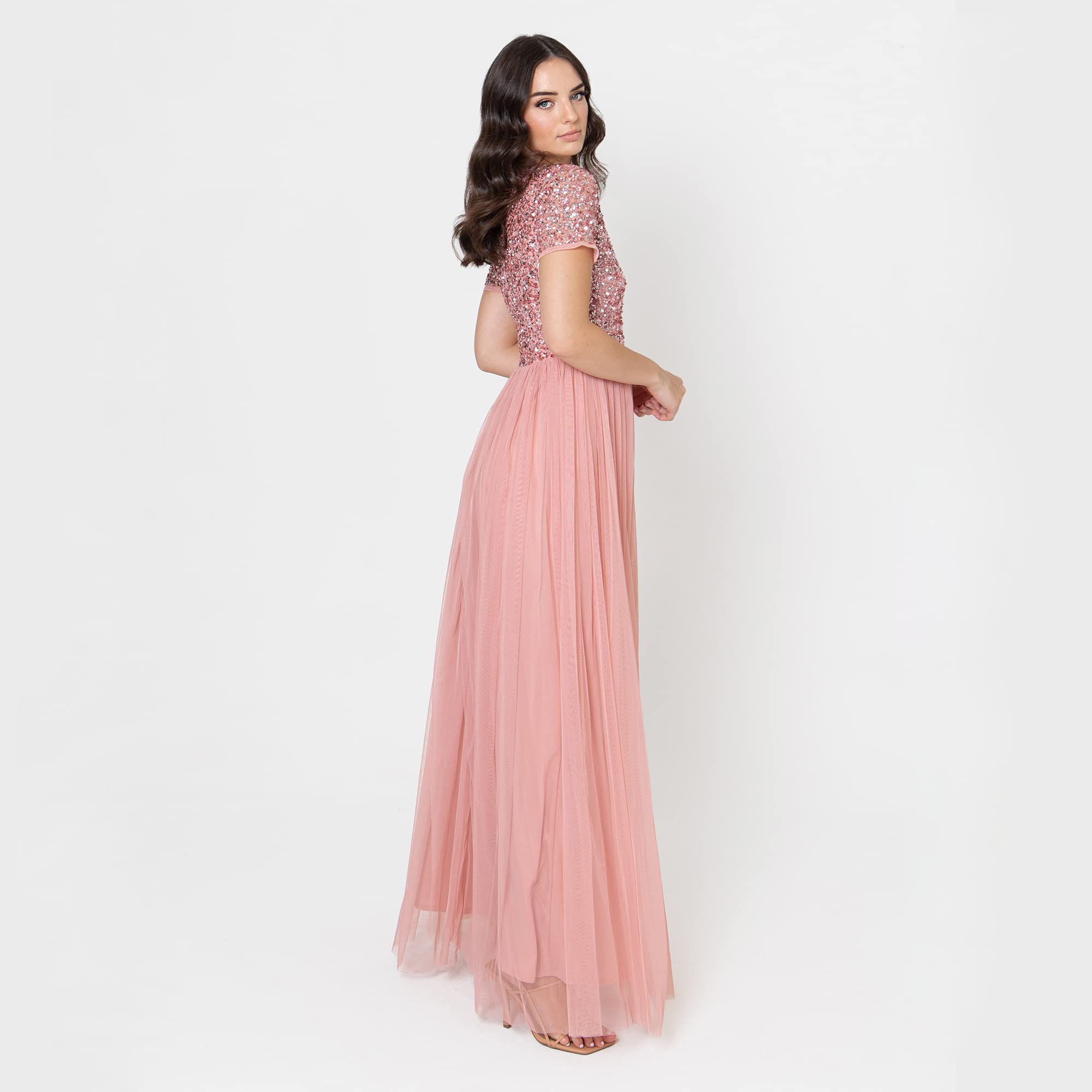 Maya Deluxe Abendkleid mit Pailletten Cocktailkleid Damen mit V-Ausschnitt Tüllkleid Blüte Größe 38 – Bild 6