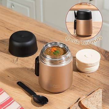 Porsima Paslanmaz Çelik Vakumlu Yemek Termosu Beslenme Kutusu Taşınabilir Lunch Box Sefer Tası Bronz 600ml, lns-brnz Bej