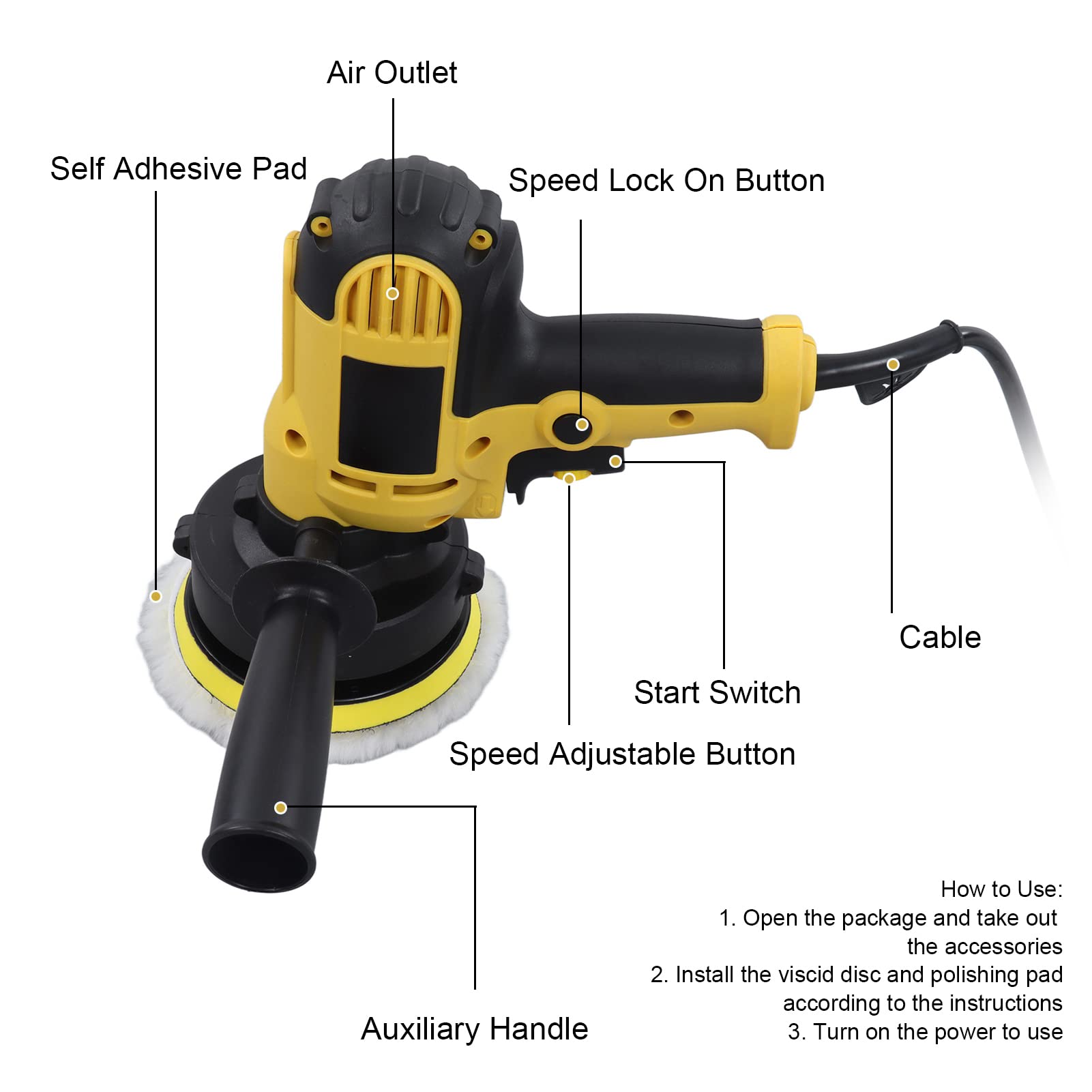Lucidatrice e levigatrice elettrica 220 V con spina europea per legno, metallo e dettagli automobilistici - 700 W - Disco da 125 mm - Velocità variabile da 600 a 3700 giri/min