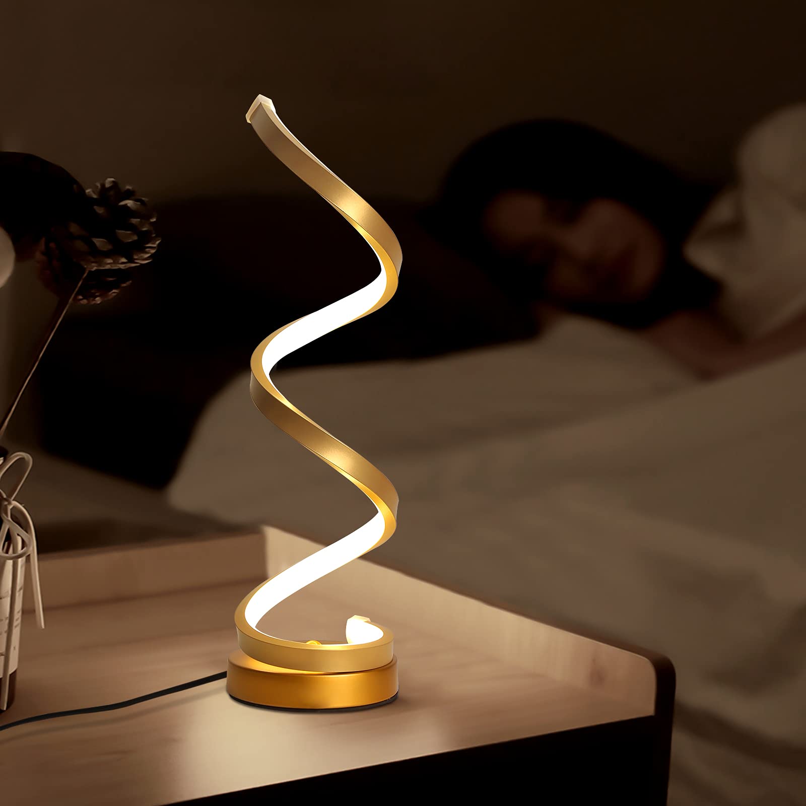 2 Pezzi Lampada da Comodino a Spirale LED Lampade da Tavolo Moderno Oro 16W 4500K Luce Naturale Protezione Degli Occhi Lampada da Scrivania Curvo Per Camera da Letto Soggiorno Spina UE 220V
